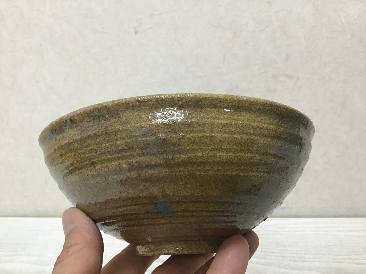 Y2739 CHAWAN Seto-ware Yellow signed box Japan tea ceremony antique flat bowl