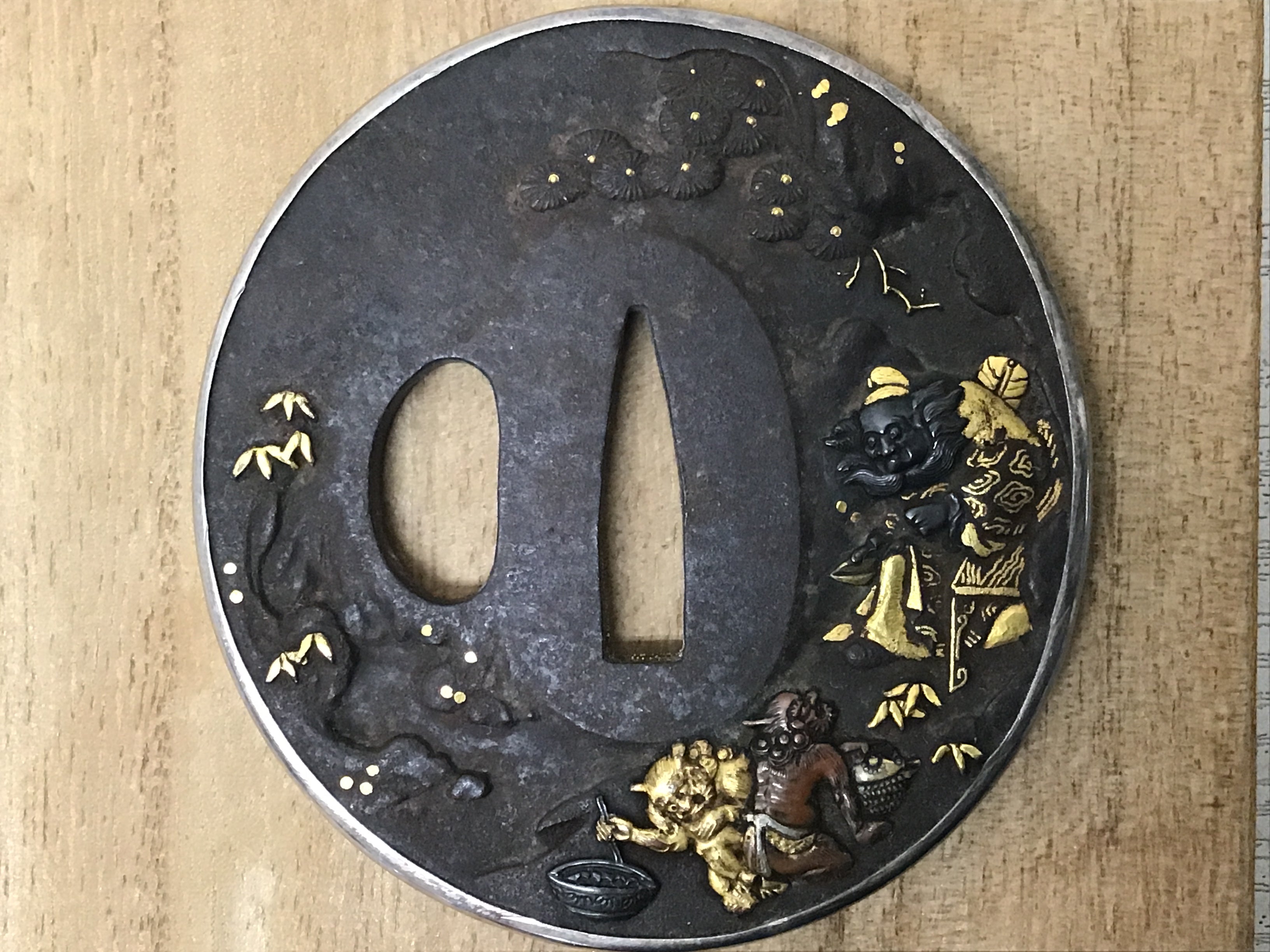 Y2749 TSUBA Shoki Inlay Silver cover ring box Japan samurai katana kos ...