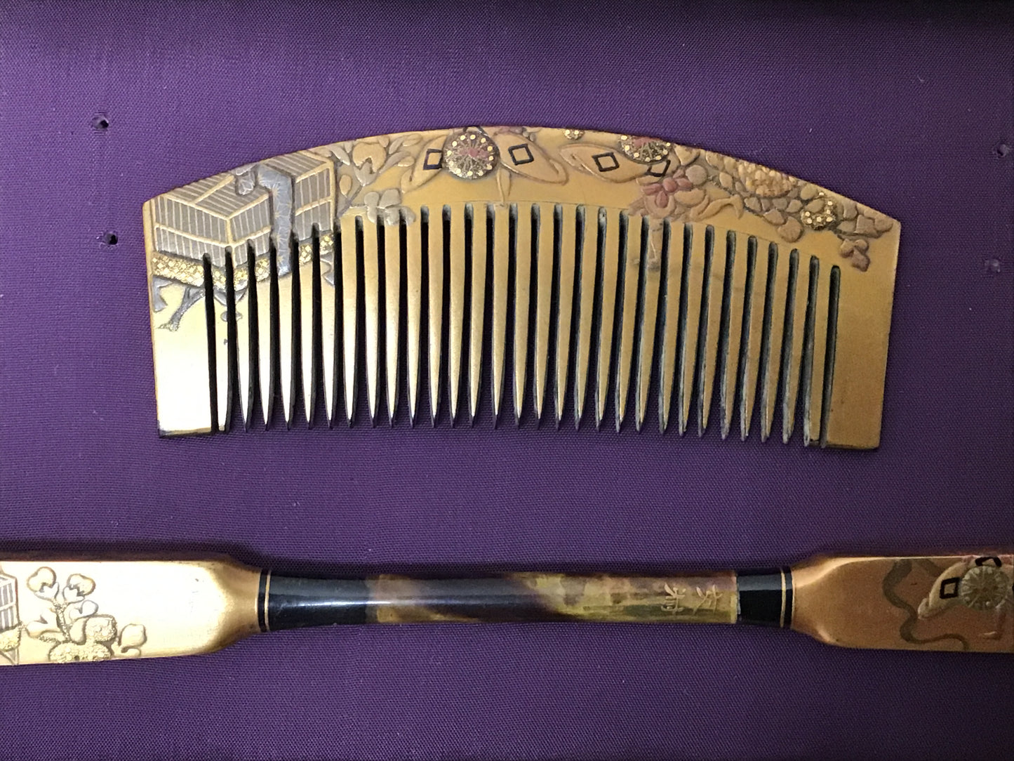 Y2771 KOUGAI  Hair dressing tools set Makie lacquer box Japan antique kimono