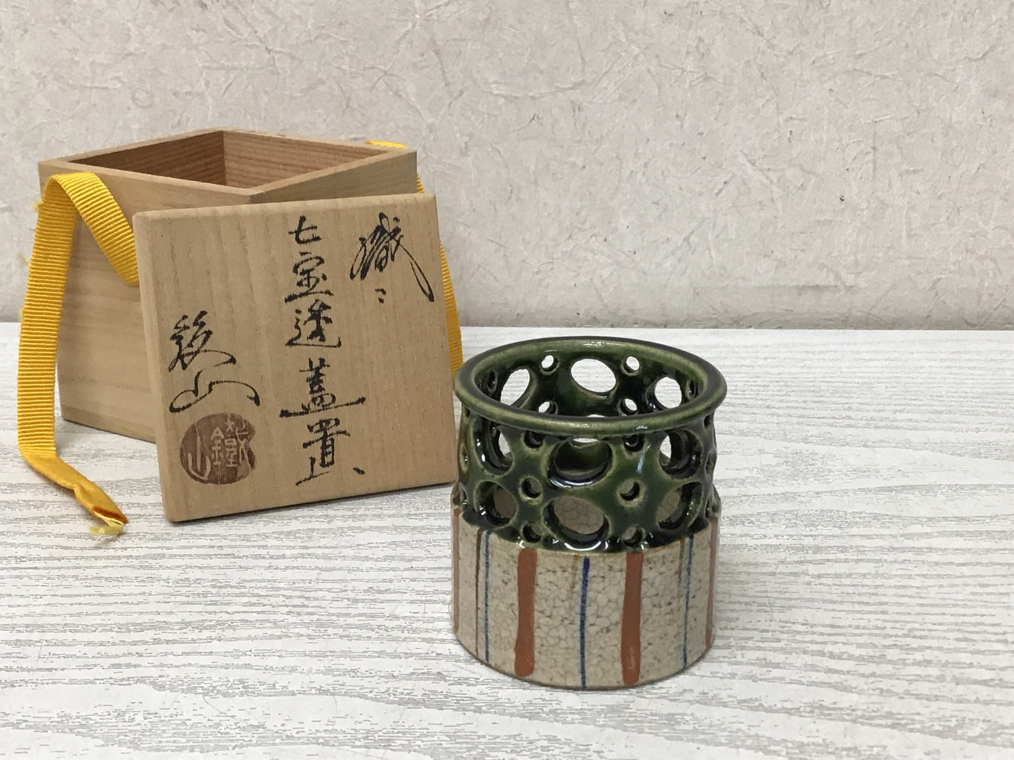 Y2781 OKIMONO Oribe-ware Lid Rest signed box Tea Ceremony antique Japan vintage