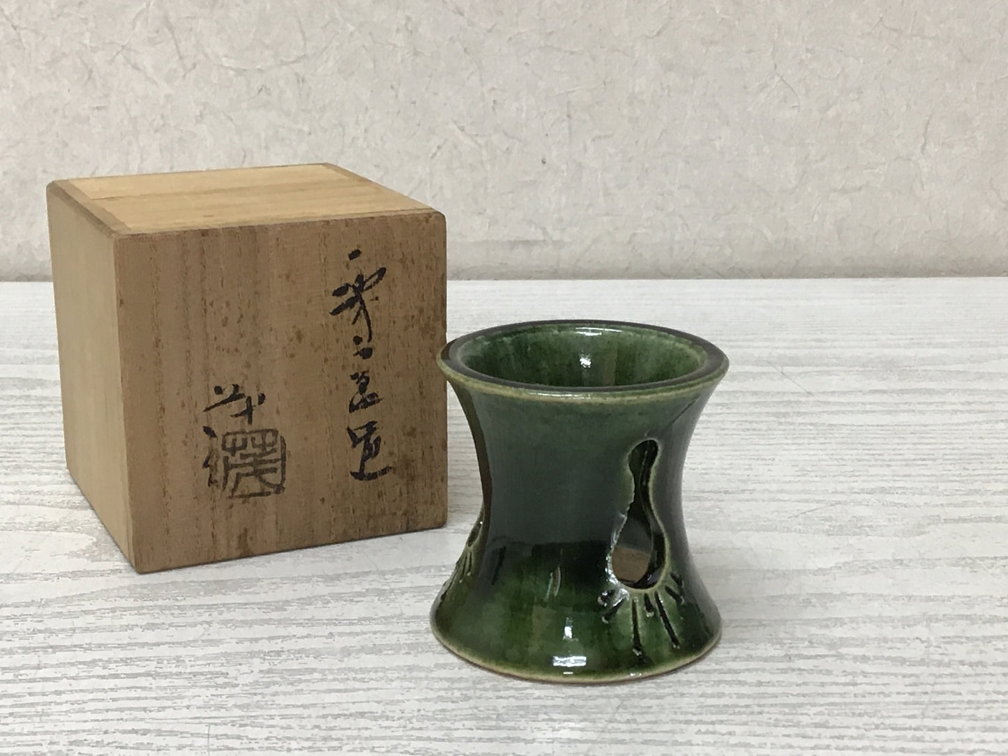 Y2785 OKIMONO Oribe-ware Lid Rest signed box Tea Ceremony antique Japan vintage