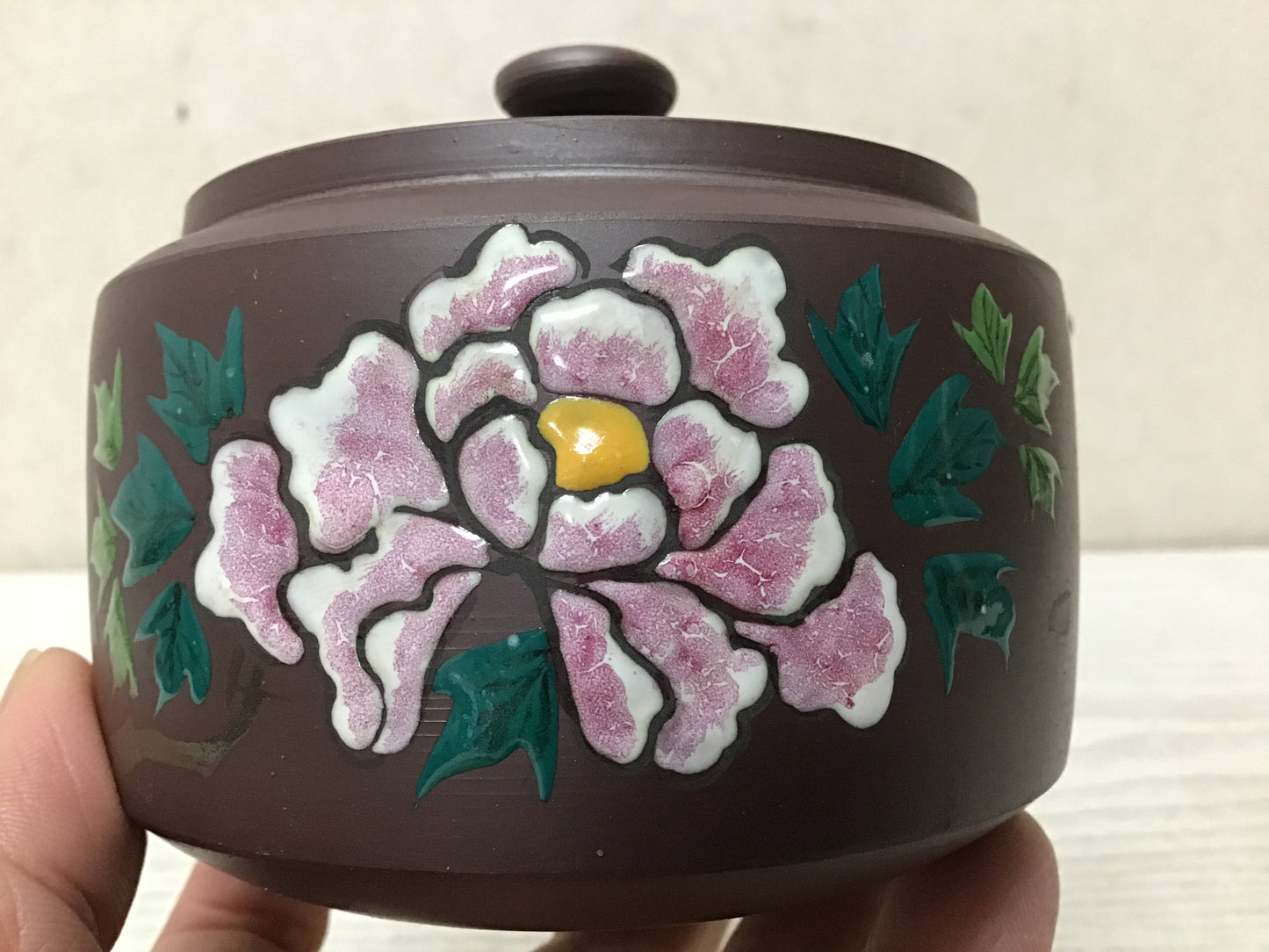 Y2826 KYUSU Banko-ware Teapot signed flower color Japan antique vintage tea pot