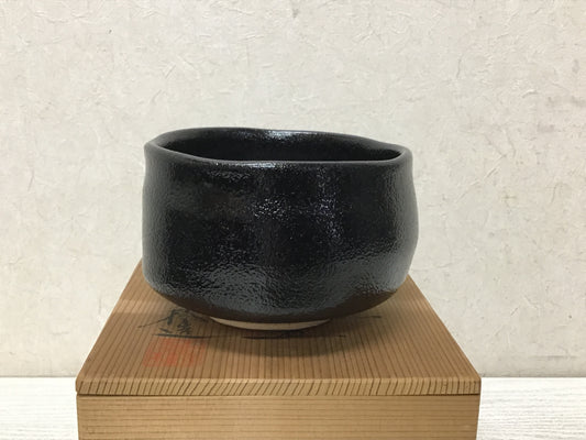 Y2842 CHAWAN Seto-ware Black signed box Japan tea ceremony bowl antique vintage