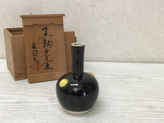 Y2846 FLOWER VASE Seto-ware signed box black Japan ikebana home decor interior