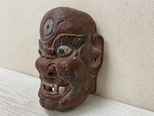 Y2864 NOH MASK Three-eyed wood carving omen Japan vintage antique traditional