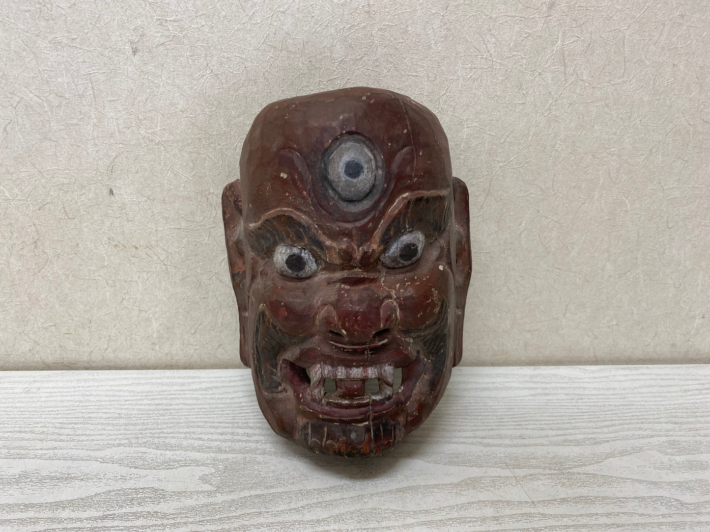 Y2864 NOH MASK Three-eyed wood carving omen Japan vintage antique traditional