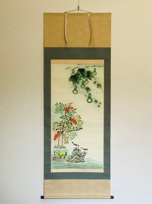 Y2893 KAKEJIKU Gourd Flower Bird signed box Japan hanging scroll decor interior