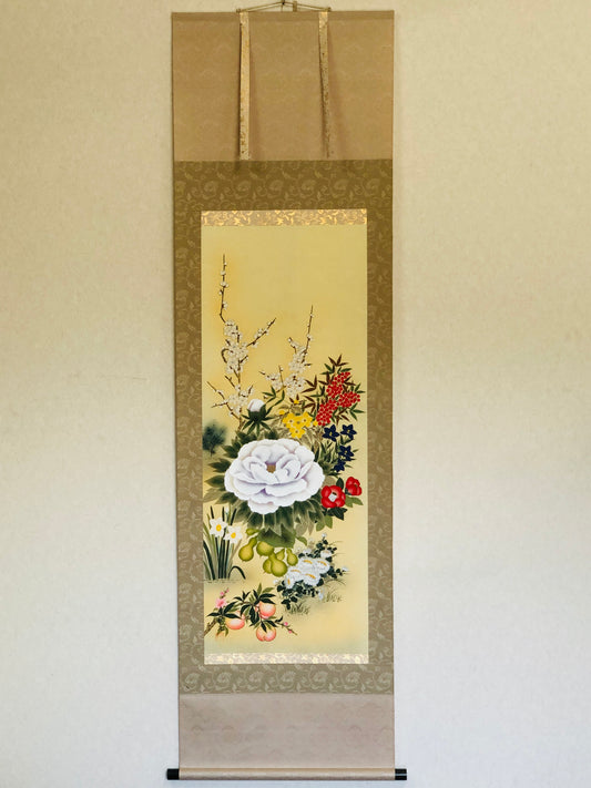 Y2896 KAKEJIKU Flower signed box Japan hanging scroll wall decor home interior