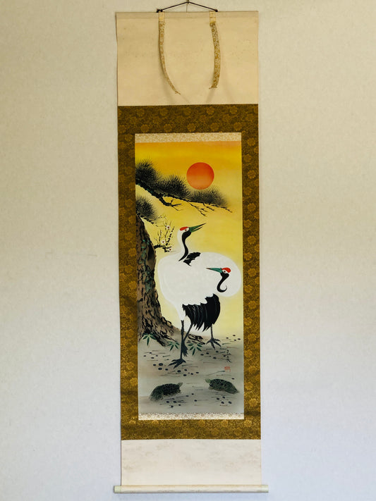 Y2897 KAKEJIKU Crane Turtle signed box Japan hanging scroll wall decor interior