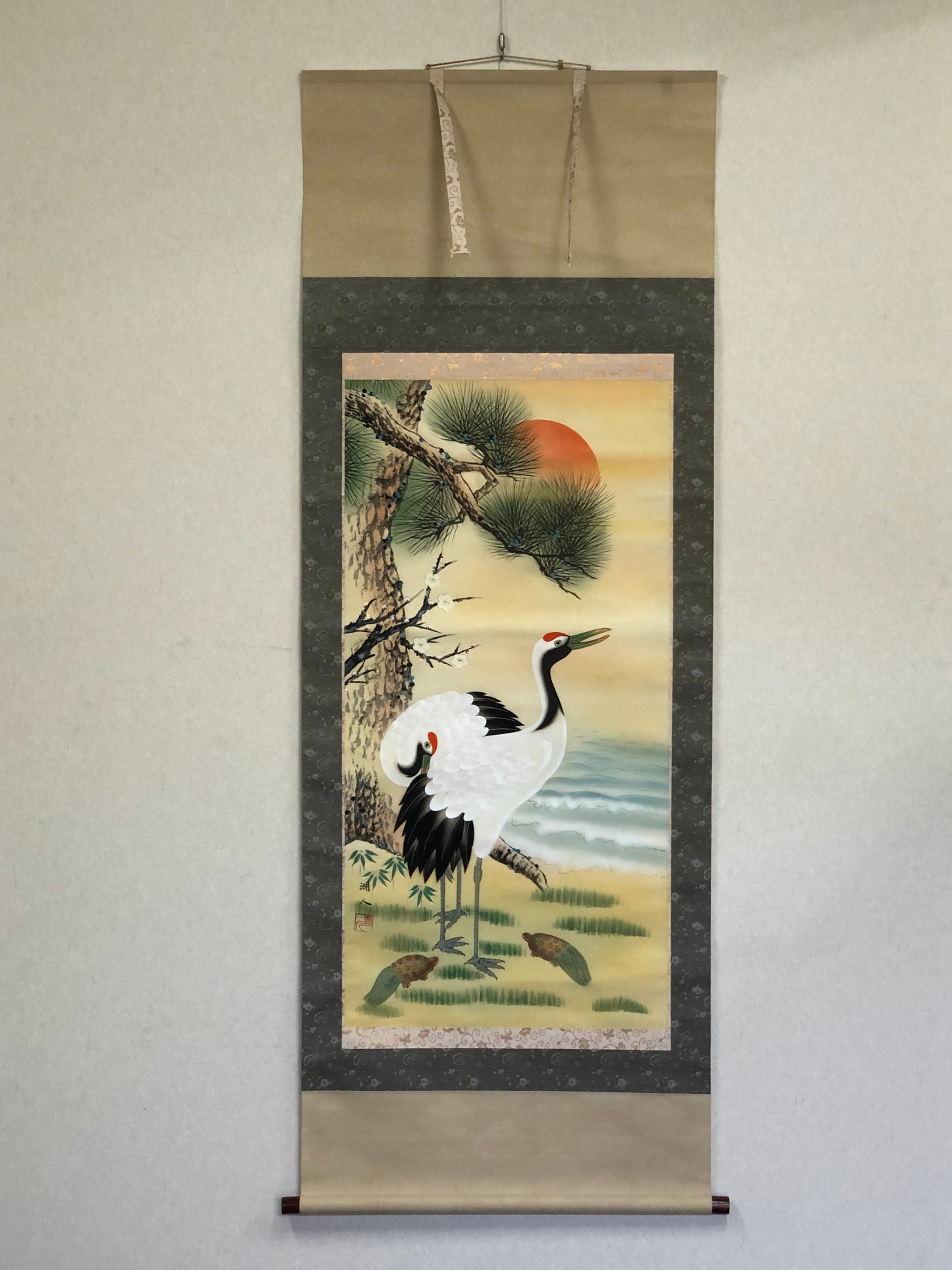 Y2900 KAKEJIKU Crane Turtle signed box Japan hanging scroll wall decor interior