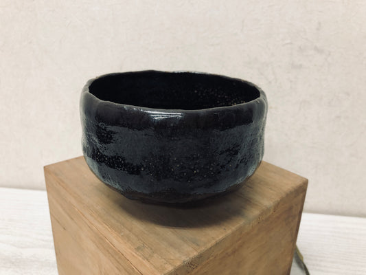 Y2915 CHAWAN Raku-ware black signed box Japan tea ceremony bowl antique vintage