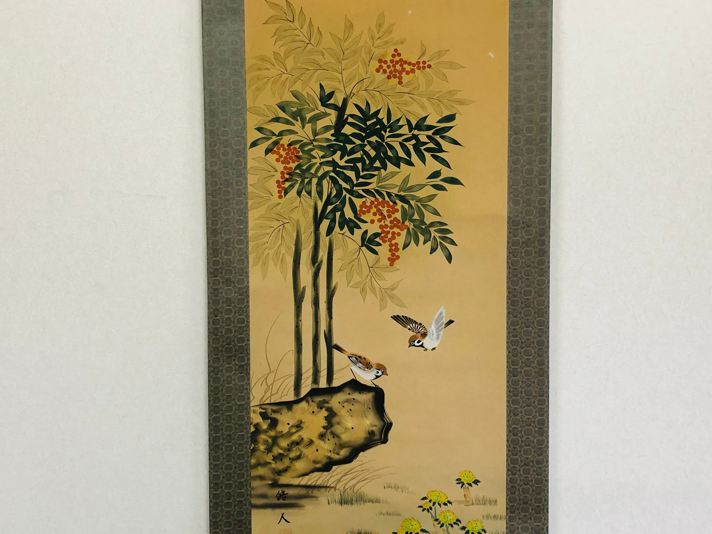 Y2929 KAKEJIKU Flower Bird signed Japan hanging scroll wall decor home nterior