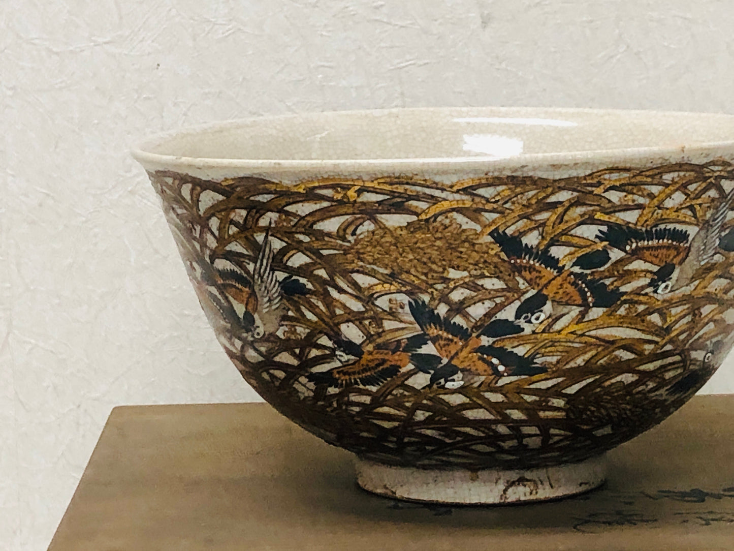 Y2941 CHAWAN Kyo-ware Sparrow color picture confectionery bowl Japan antique