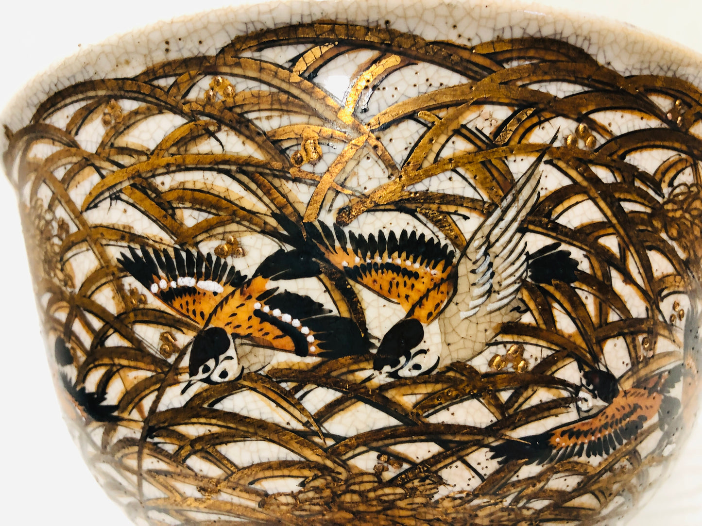 Y2941 CHAWAN Kyo-ware Sparrow color picture confectionery bowl Japan antique