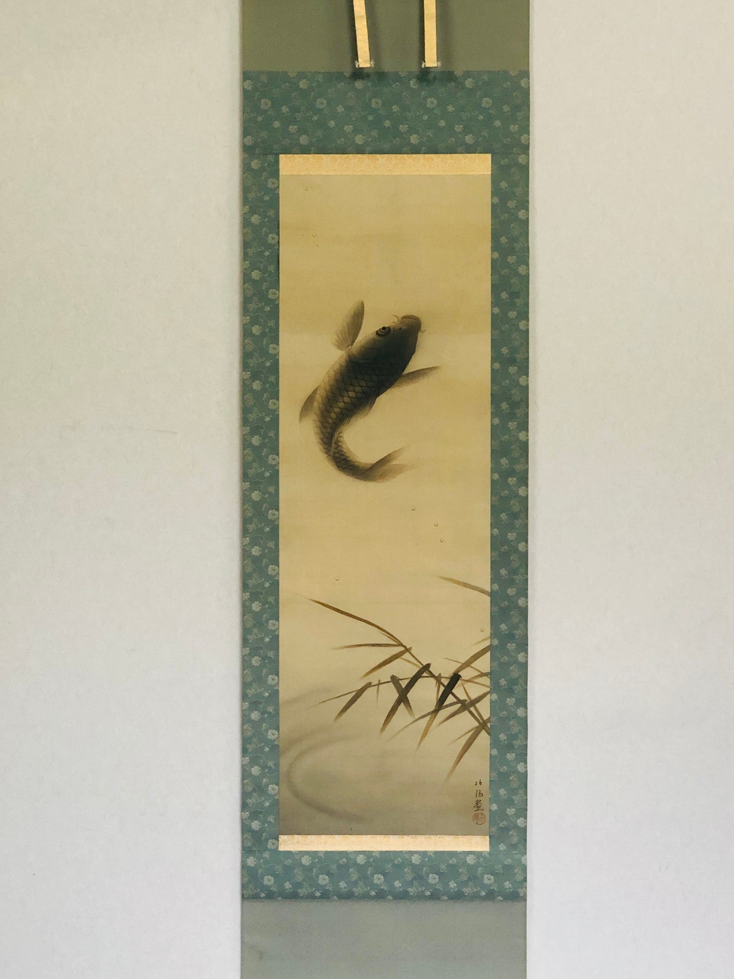 Y2953 KAKEJIKU Koi Fish singed Japan hanging scroll wall decor interior