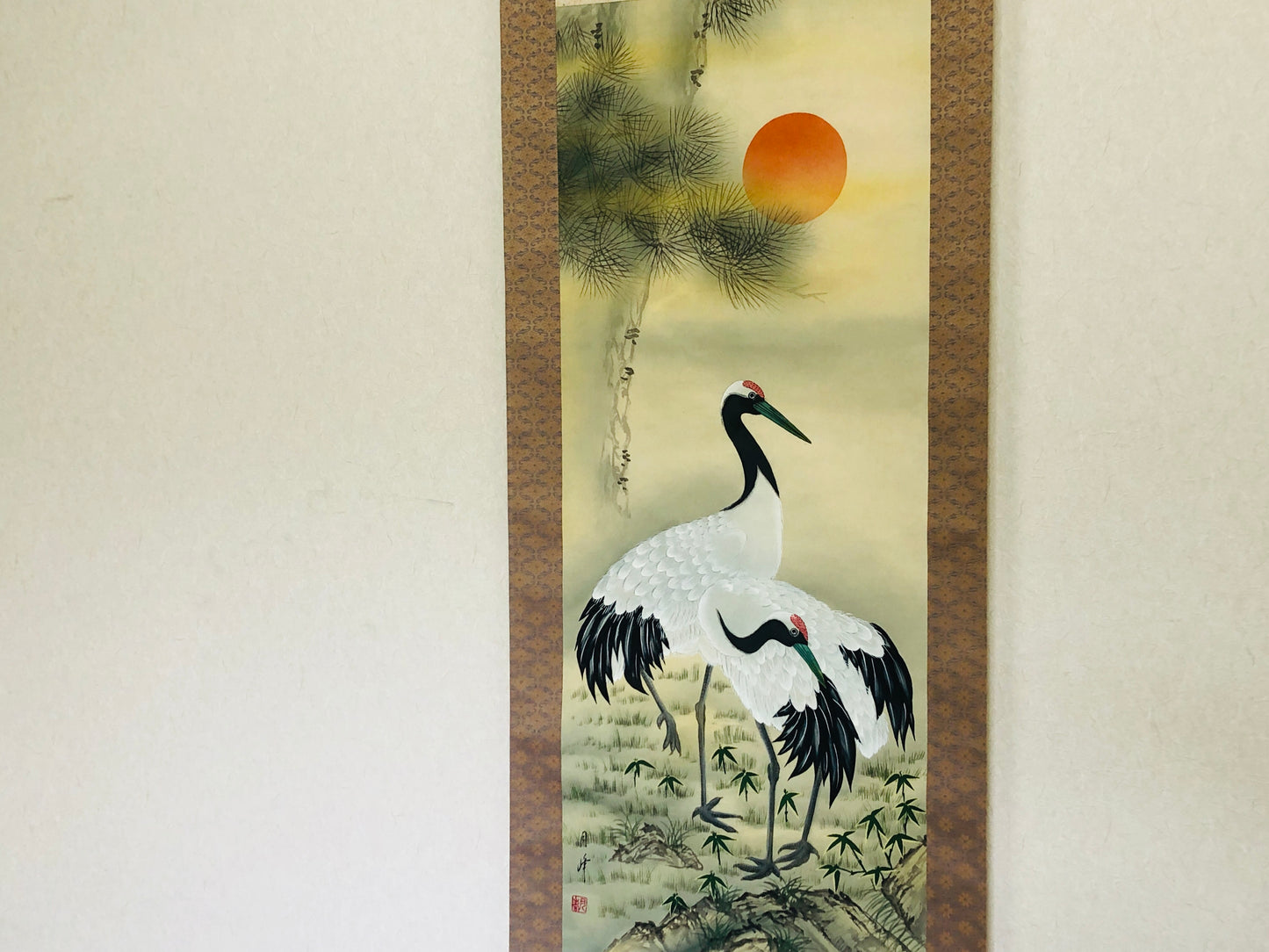 Y2958 KAKEJIKU Crane signed box Japan hanging scroll wall decor interior