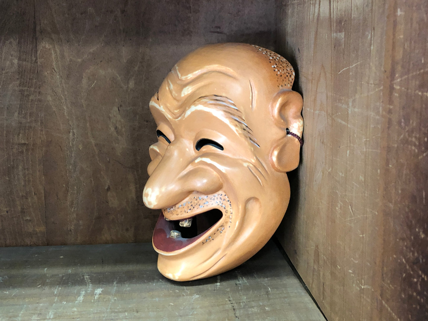 Y3008 NOH MASK wood carving Smiling face Japan antique dance drama omen men