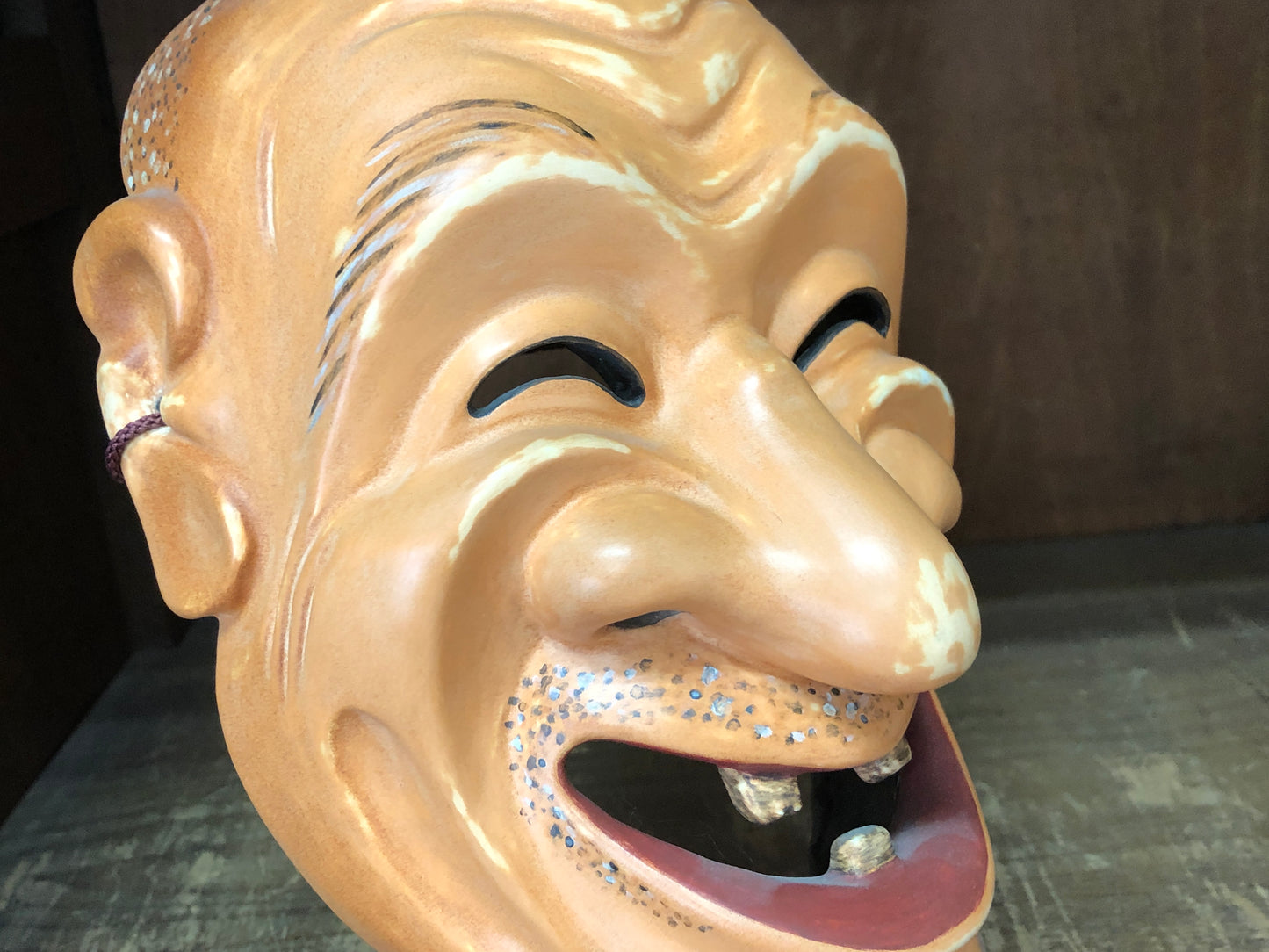 Y3008 NOH MASK wood carving Smiling face Japan antique dance drama omen men