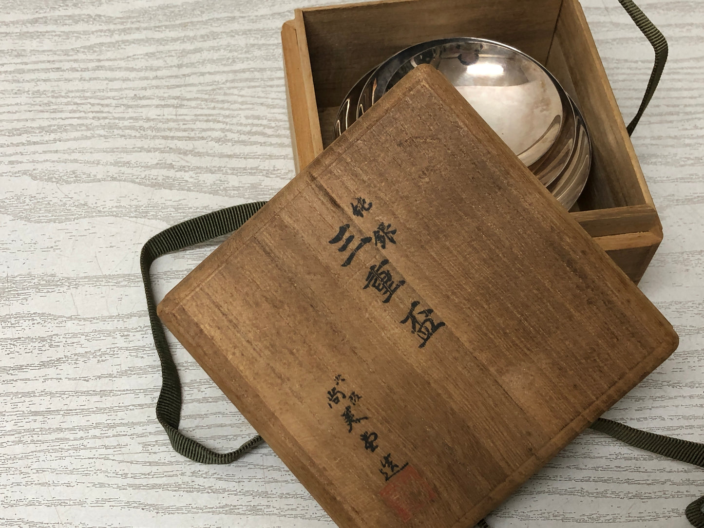 Y3016 CHAWAN Sterling Silver Triple Sake cup signed box Japan antique vintage