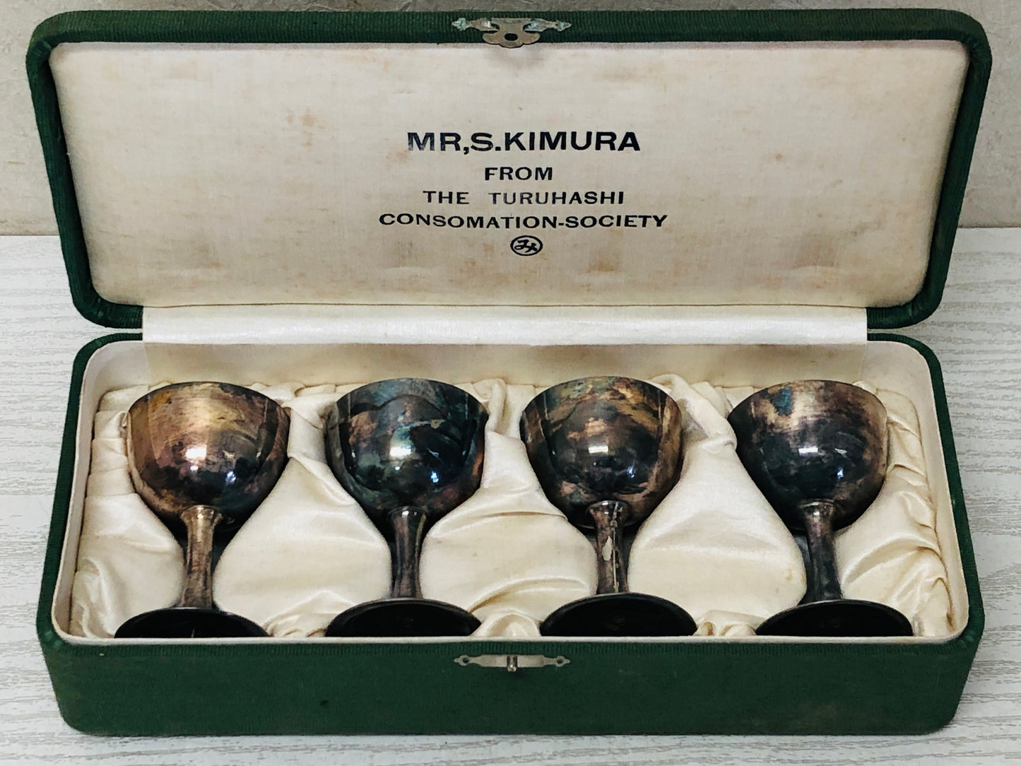 Y3020 CHAWAN Sterling Silver Liqueur cup set of 4 signed box Japan antique