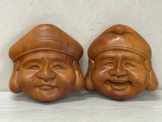 Y3111 MASK wood carving Ebisu Daikoku Japan vintage antique dance drama men omen