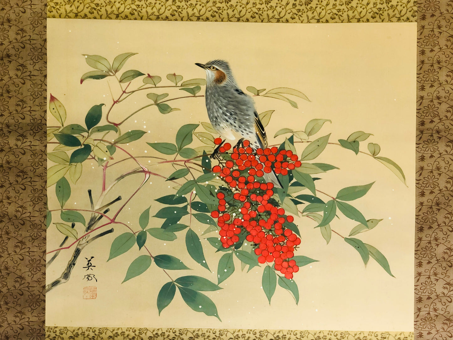 Y3197 KAKEJIKU Flower Bird signed box Japan hanging scroll wall decor interior