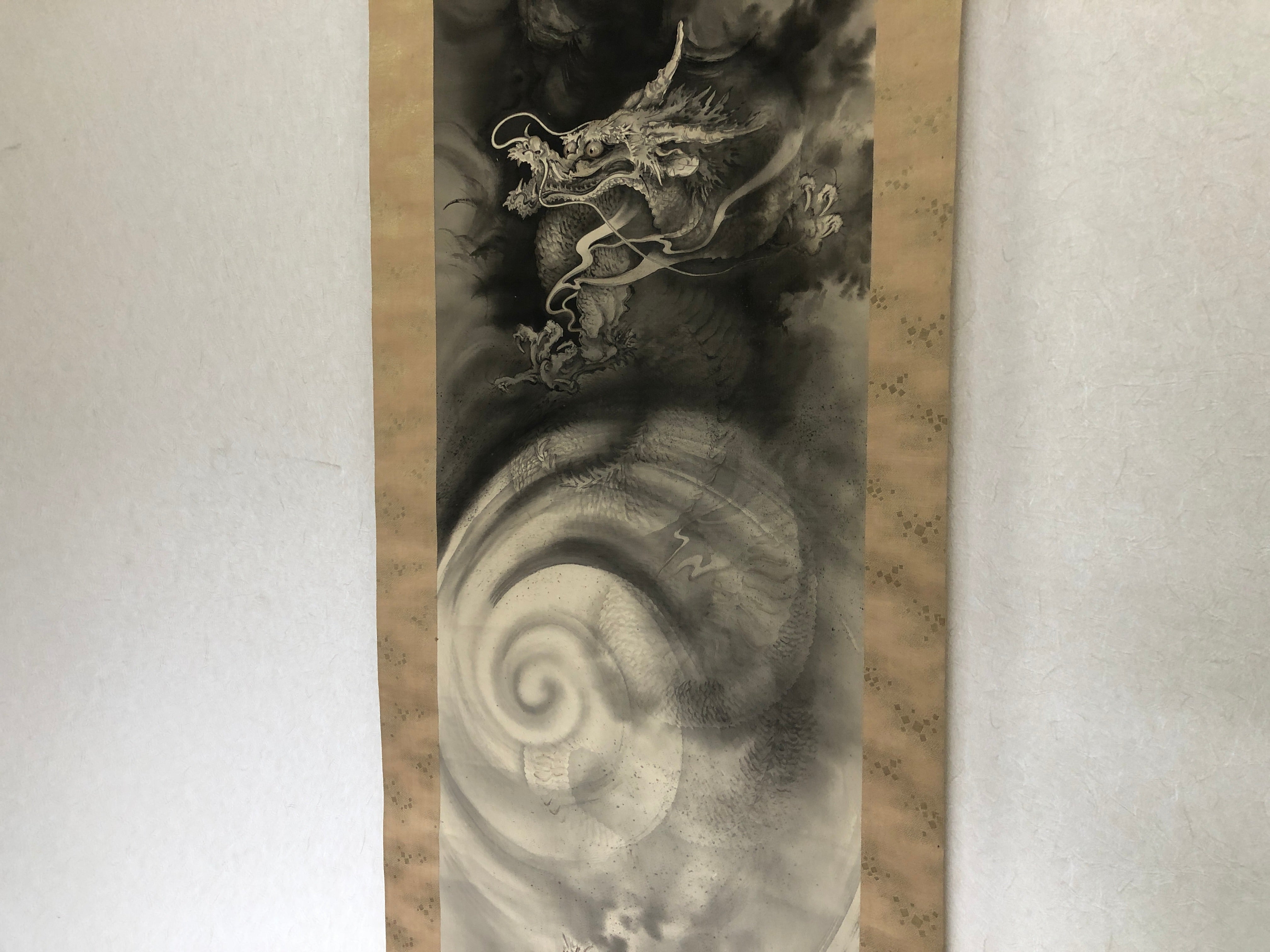 Y3198 KAKEJIKU Rising Dragon signed box Japan hanging scroll wall