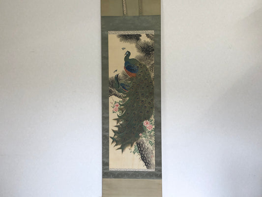 Y3200 KAKEJIKU Peacock signed box Japan hanging scroll wall decor interior