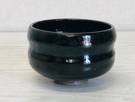 Y3248 CHAWAN Raku-ware Black signed Japan tea ceremony bowl antique pottery