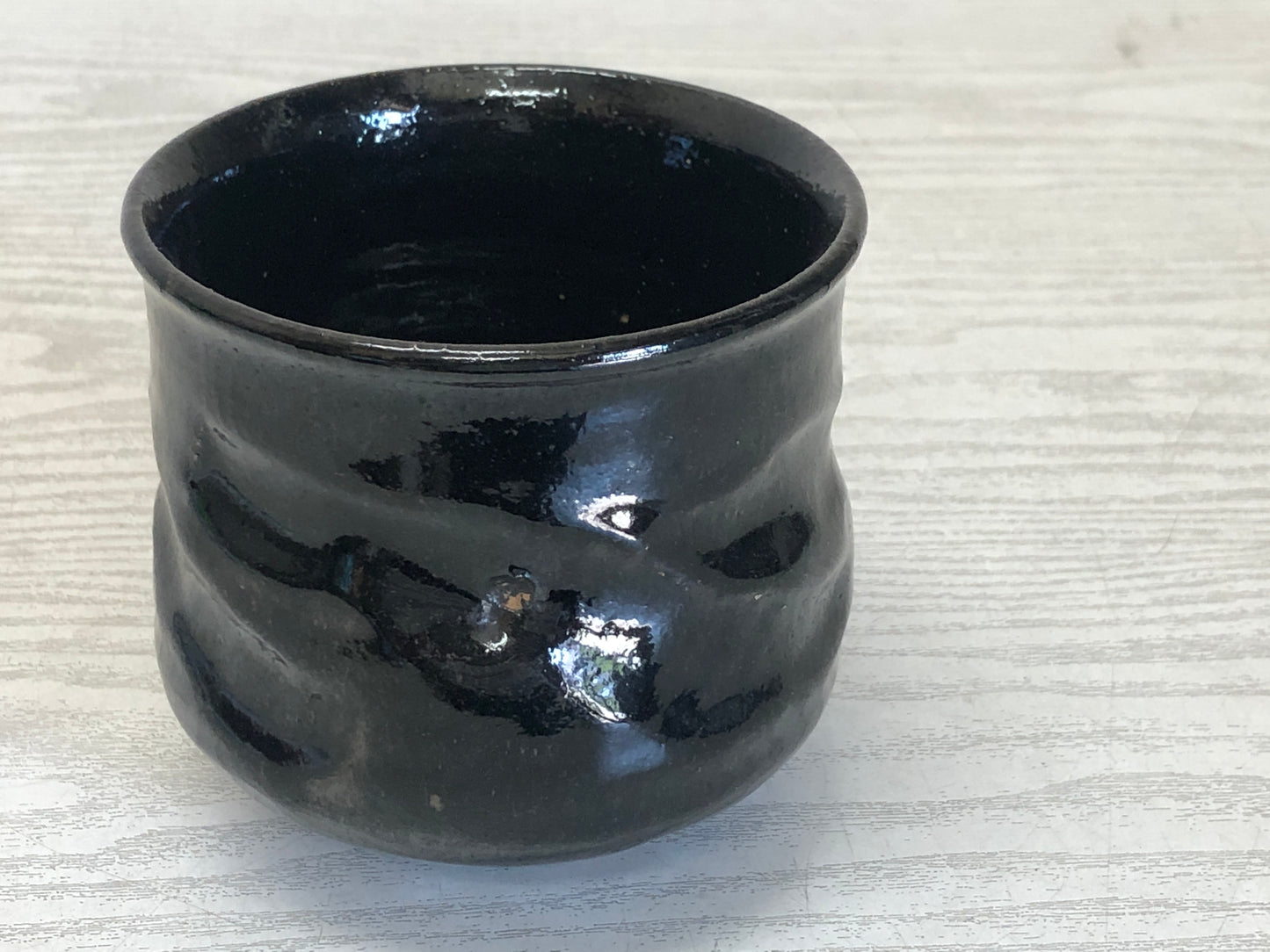 Y3250 CHAWAN Raku-ware Black tube signed Japan tea ceremony bowl antique