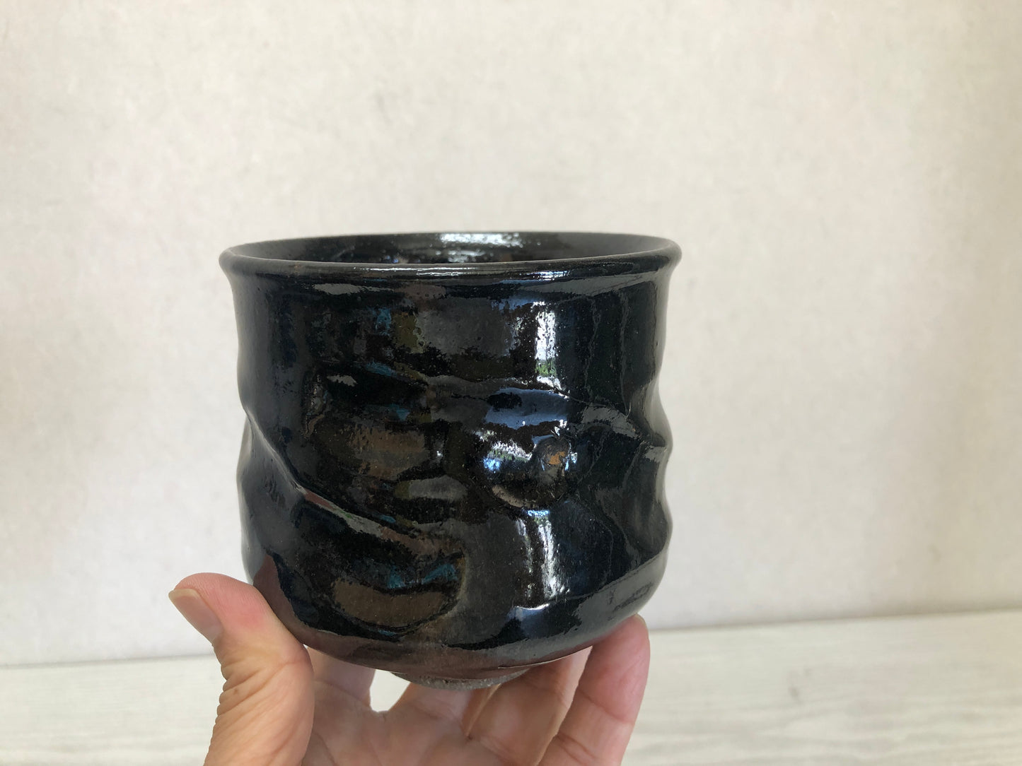 Y3250 CHAWAN Raku-ware Black tube signed Japan tea ceremony bowl antique