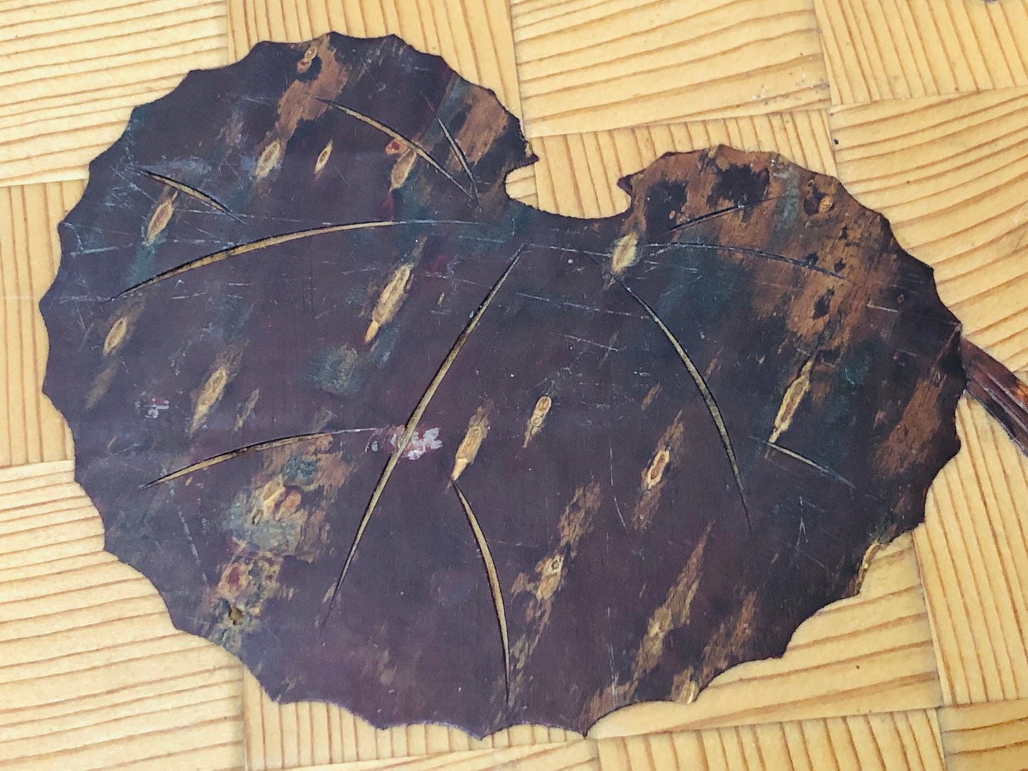 Y3276 STAND Wooden Marquetry leaf pattern Japanese antique ikebana flower vase