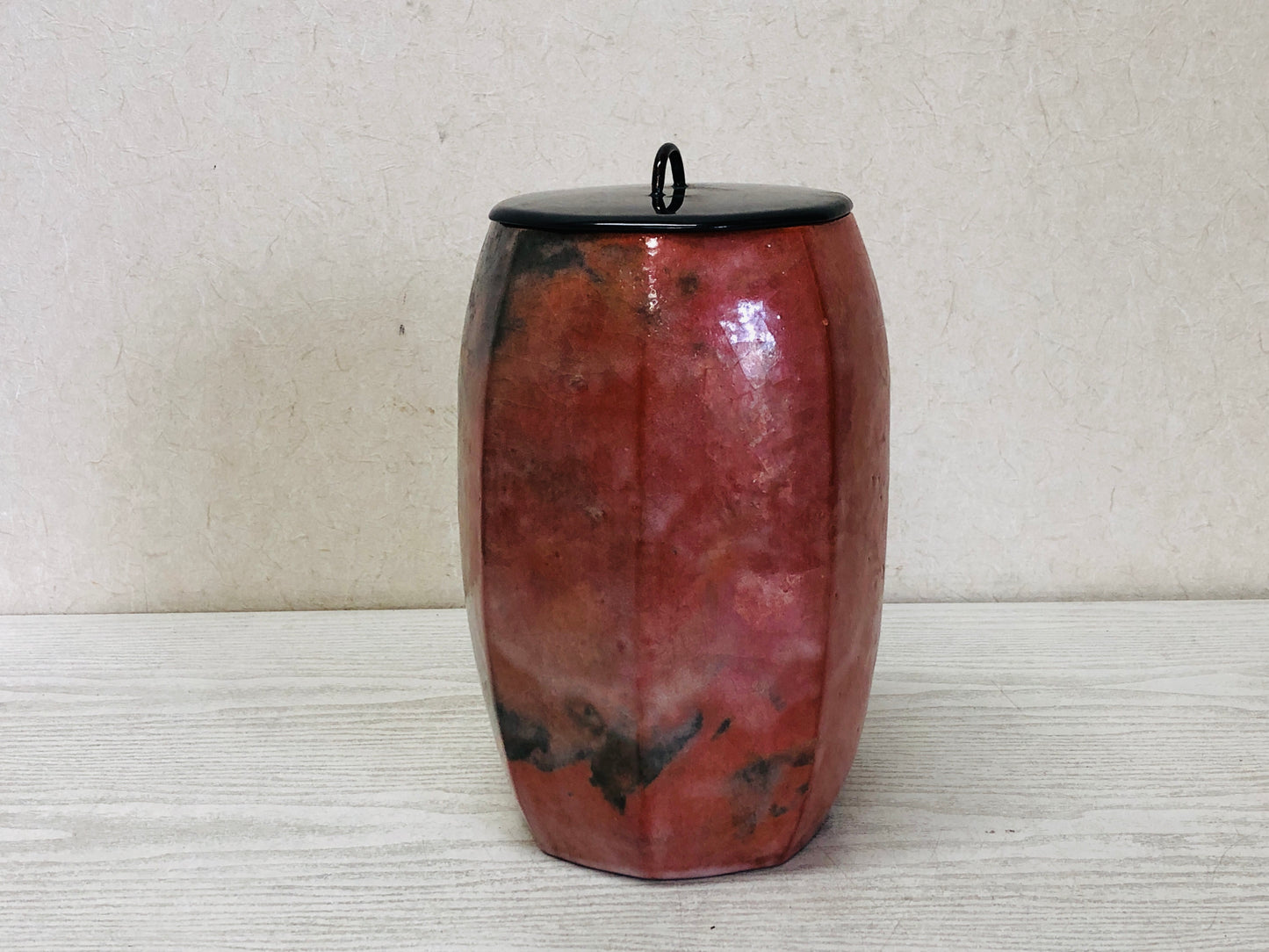 Y3327 MIZUSASHI Raku-ware Red Shouraku signed box Japan Tea Ceremony water pot