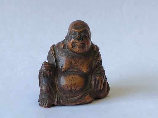 Y3338 NETSUKE Hotei wood carving Japan antique vintage accessory toggle kimono