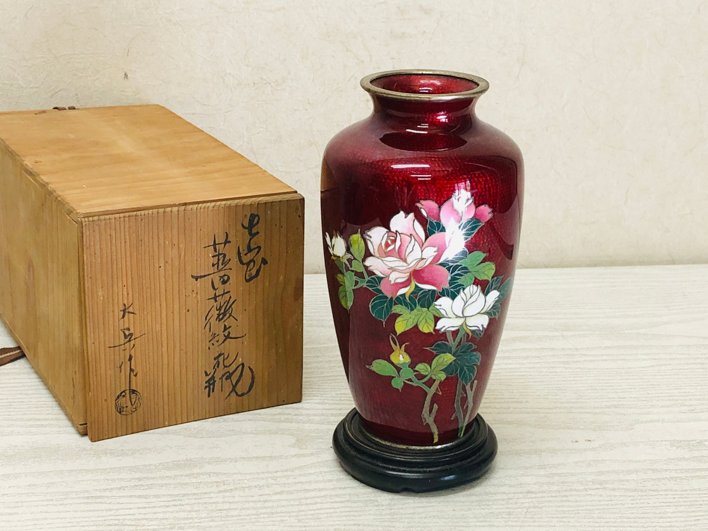 Y3349 FLOWER VASE Cloisonne Red Rose box Japan ikebana home decor interior