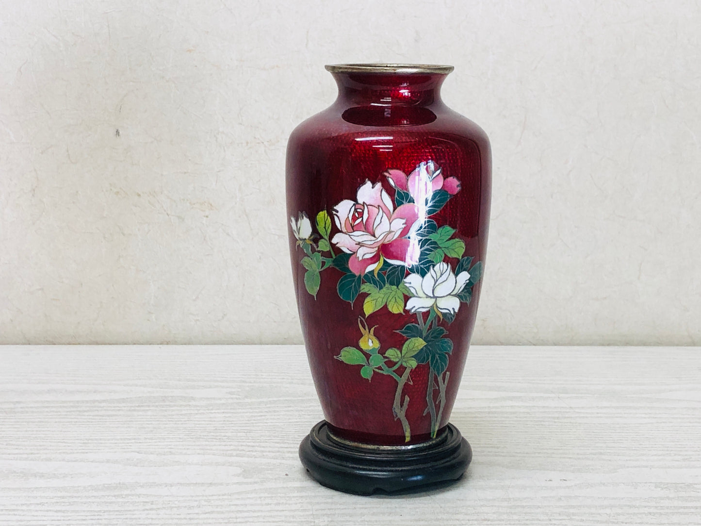 Y3349 FLOWER VASE Cloisonne Red Rose box Japan ikebana home decor interior