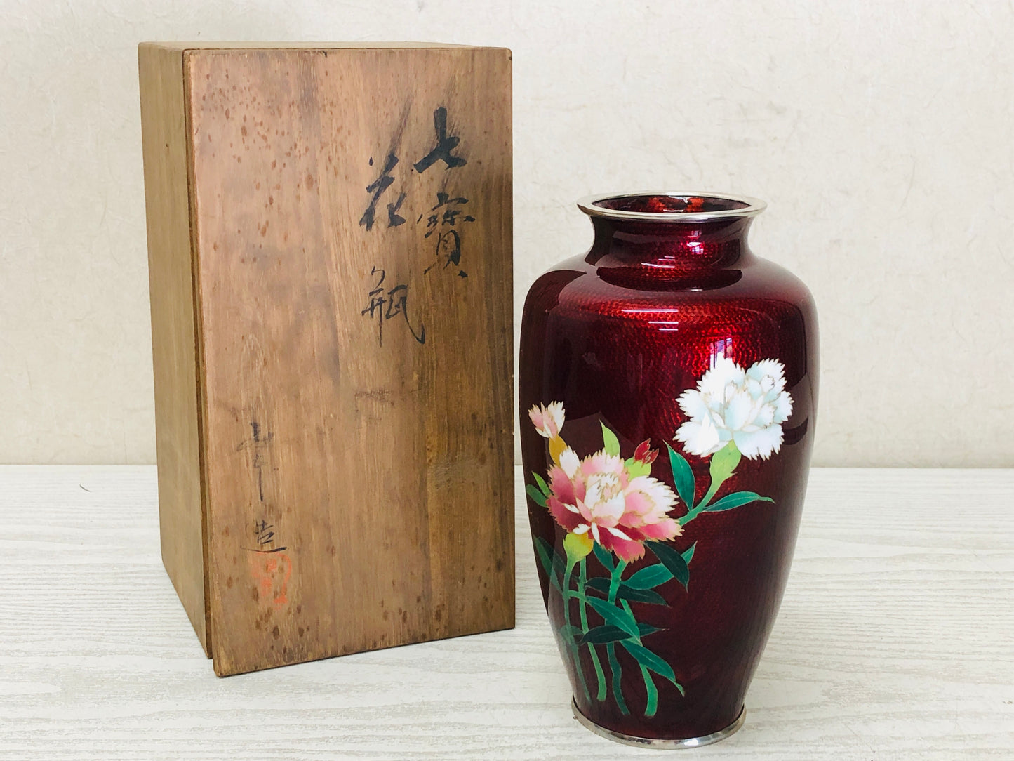 Y3350 FLOWER VASE Cloisonne Red Flower box Japan ikebana home decor interior
