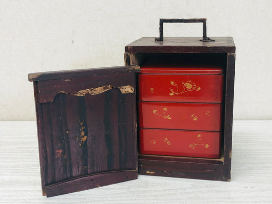 Y3356 BOX Vermilion Makie lacquer three-tiered Japanese antique vintage storage