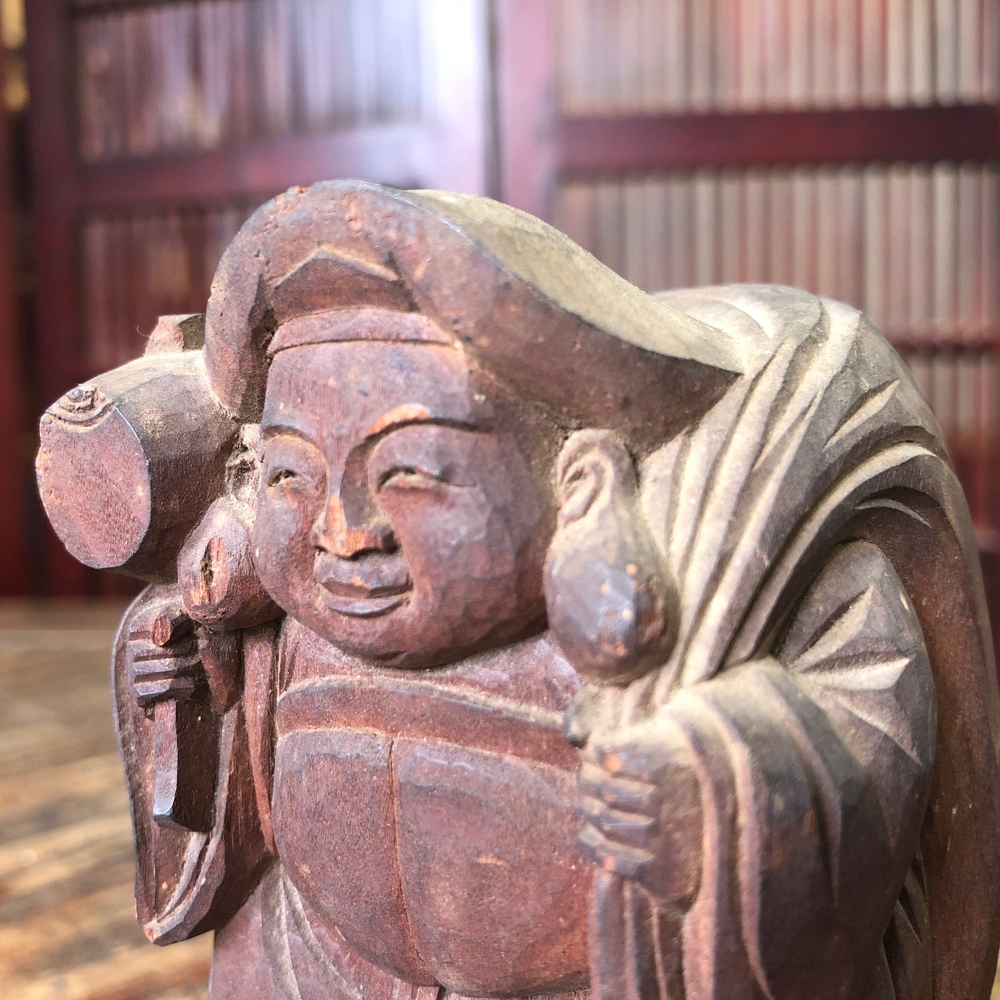 Y3371 STATUE Wood carving Ebisu Daikoku figure signed Japan antique interior