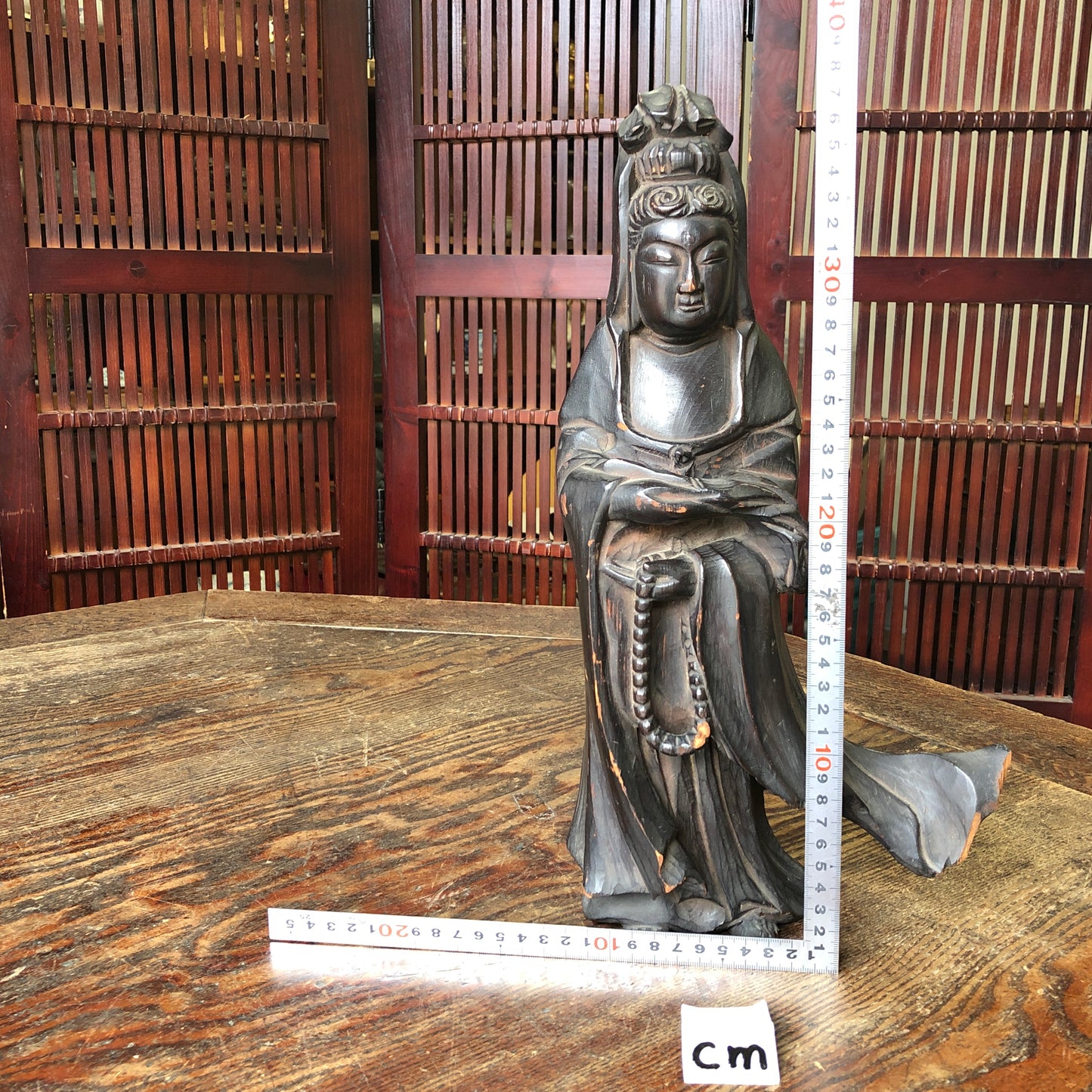 Y3373 STATUE Wood carving Kannon figure figurine signed Japan vintage antique