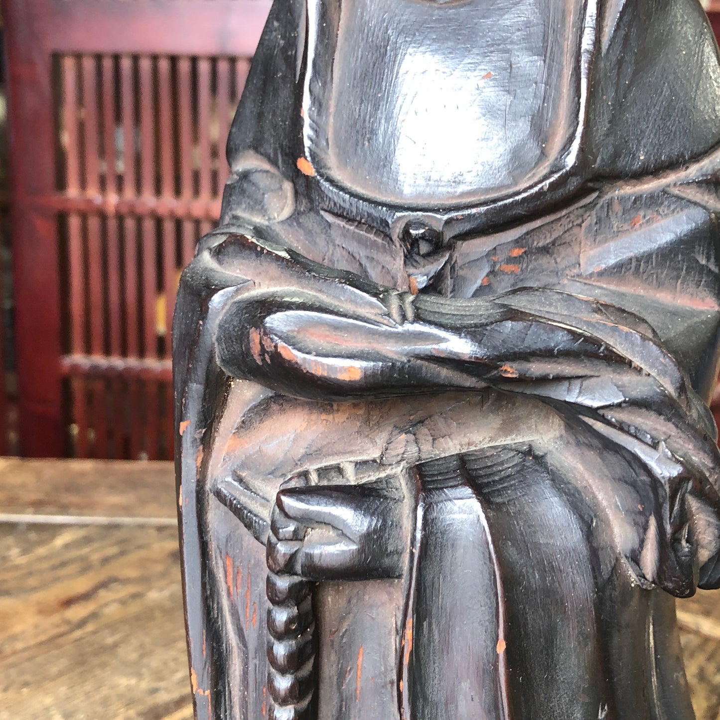 Y3373 STATUE Wood carving Kannon figure figurine signed Japan vintage antique