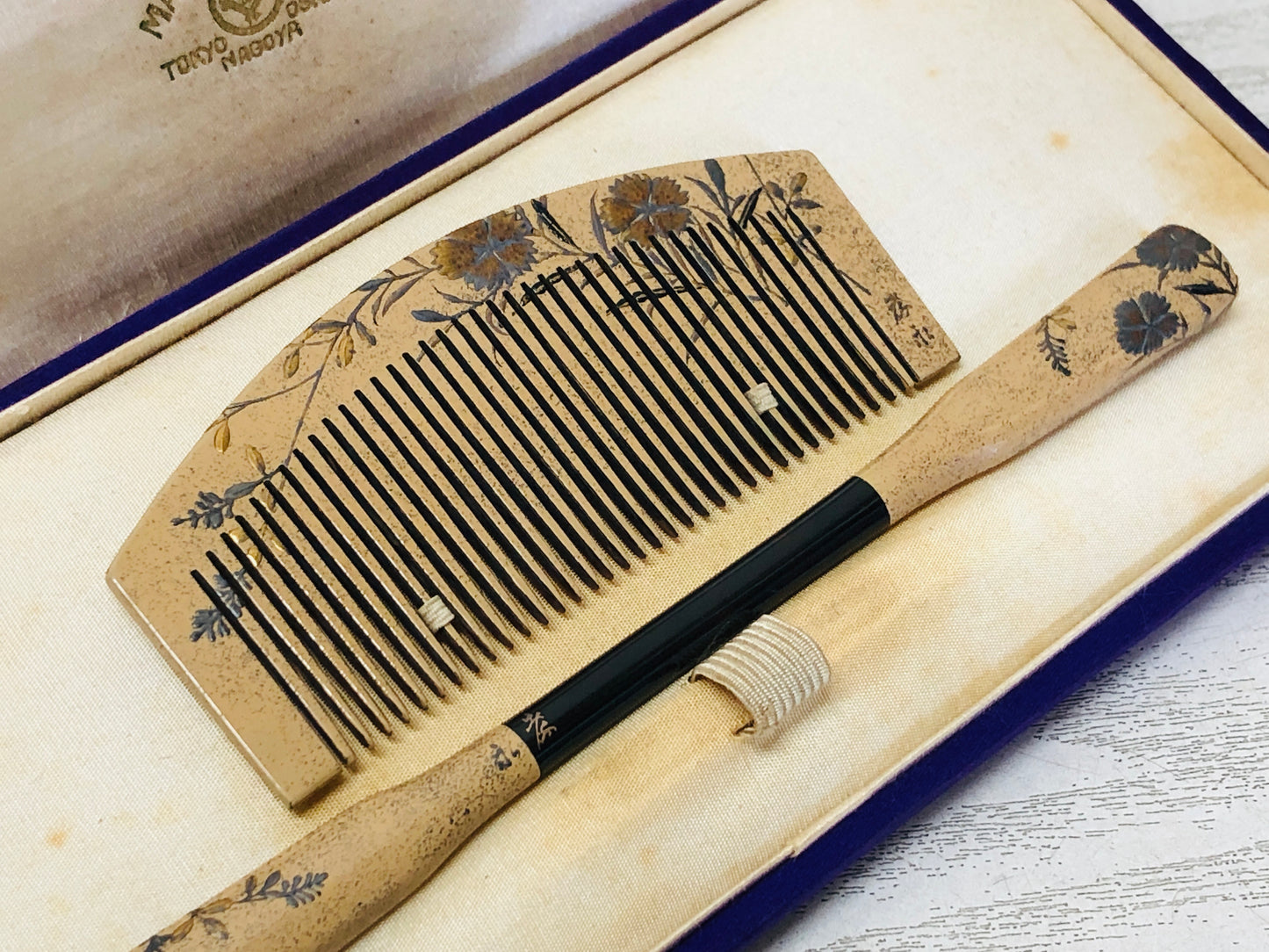 Y3381 KOUGAI  Makie Comb Hairpin hair dressing tools signed box Japan kimono
