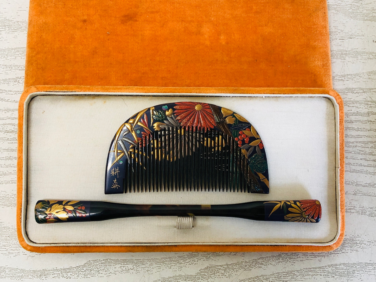 Y3428 KOUGAI  Comb Hairpin hair dressing tools box signed Japan kimono accessory