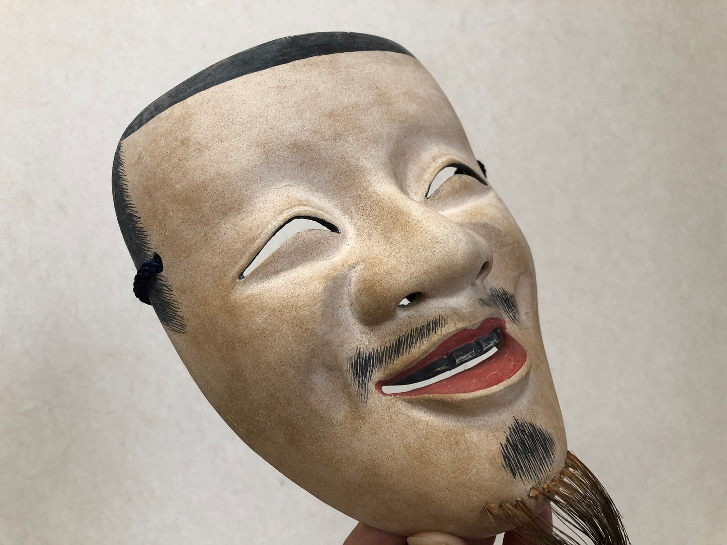 Y3485 NOH MASK wood carving Enmei Kaja signed box Japan antique dance drama