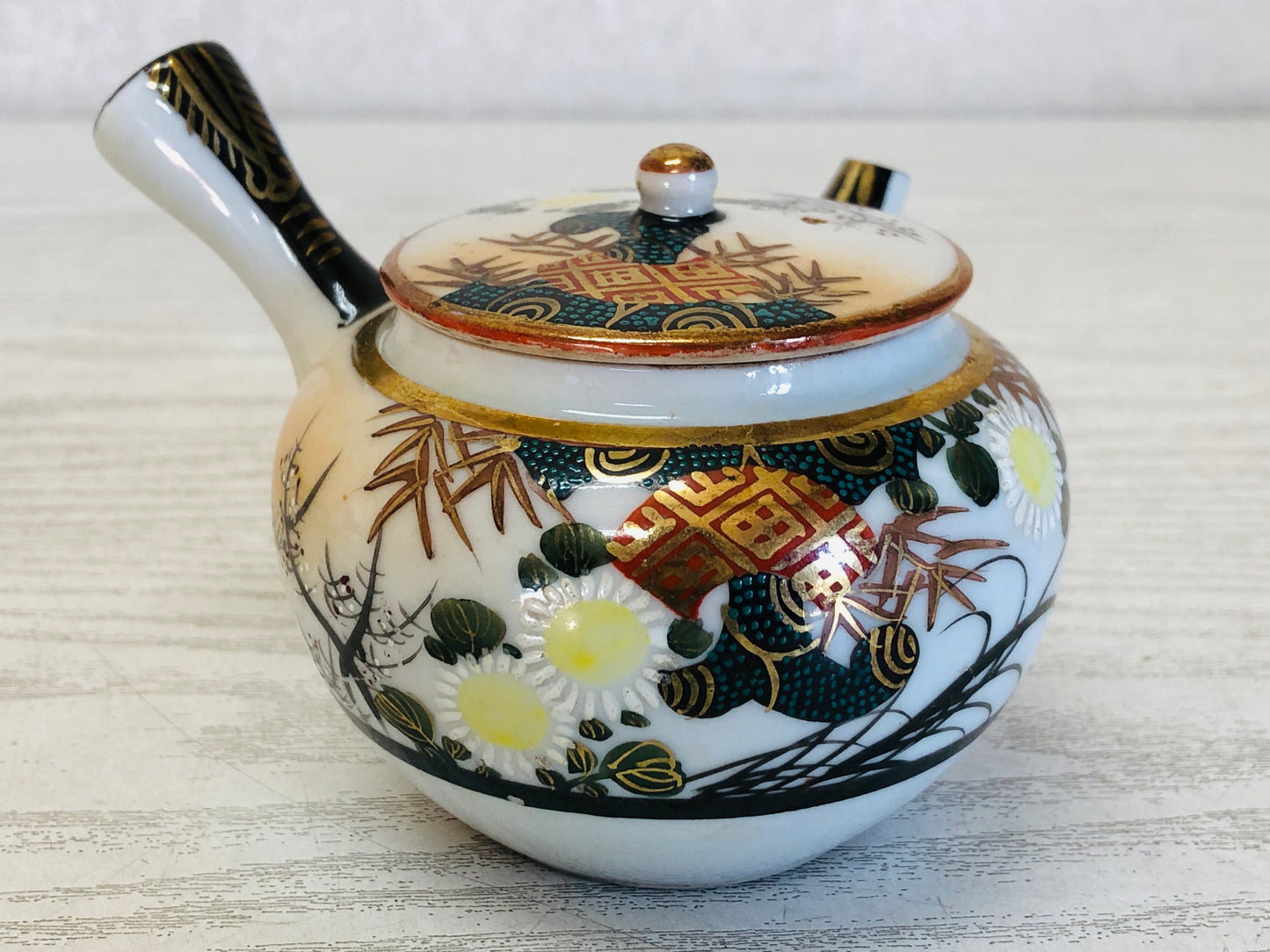 Y3541 KYUSU Kutani-ware Teapot pot color picture Tea Ceremony Japan antique