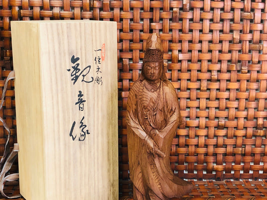 Y3659 STATUE wood carving Kannon figure signed box Japanese vintage antique