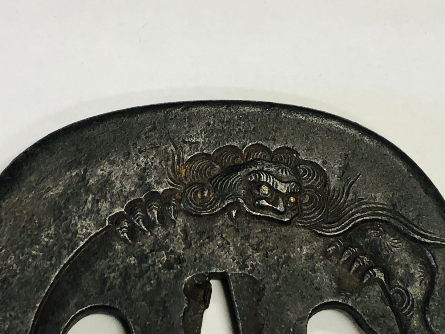 Y3712 TSUBA Iron Lion Inlay Japanese samurai katana antique koshirae edo