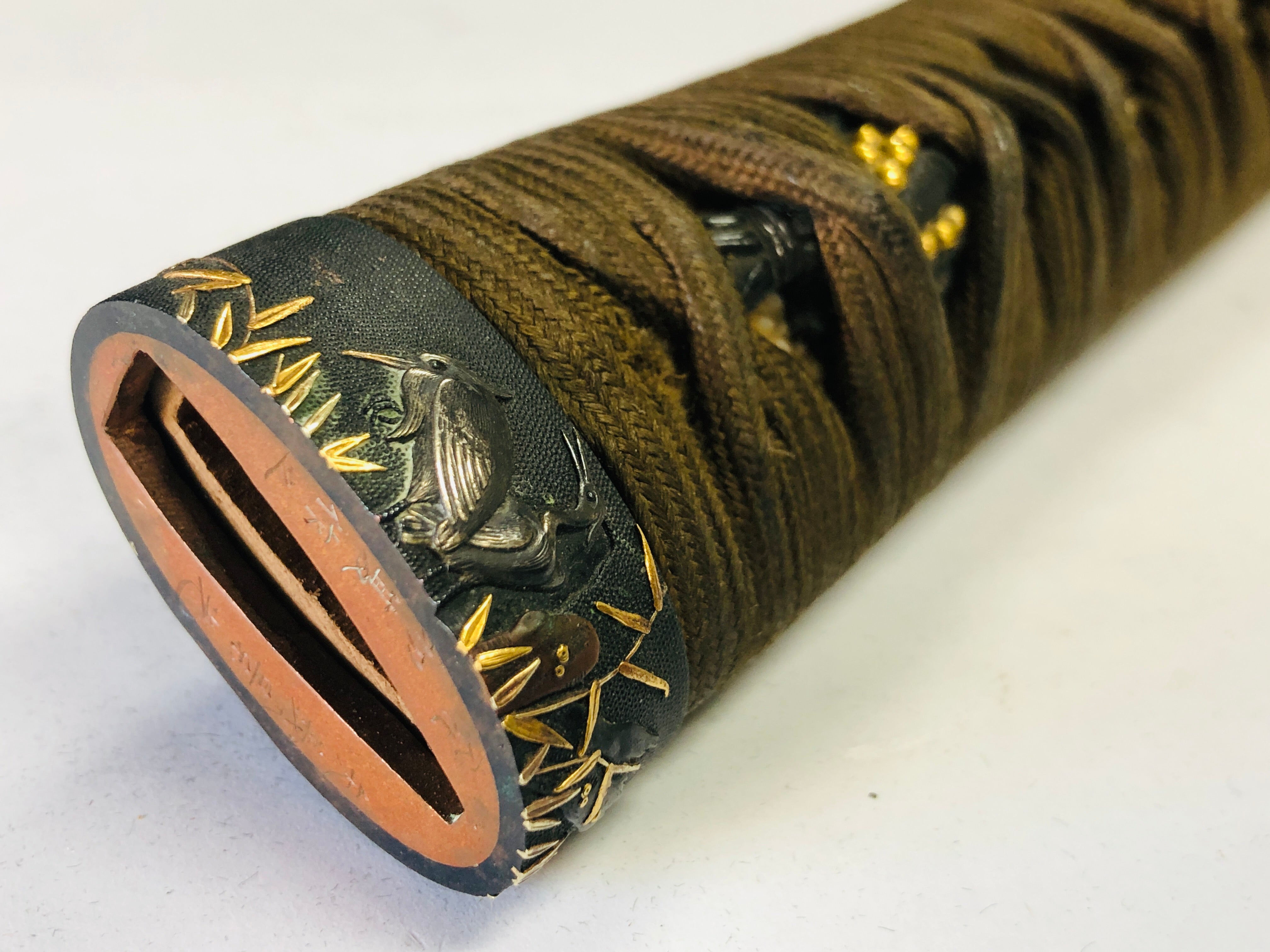 Y3714 TSUKA samurai sword Hilt Reed Heron signed edge Koshirae antique ...