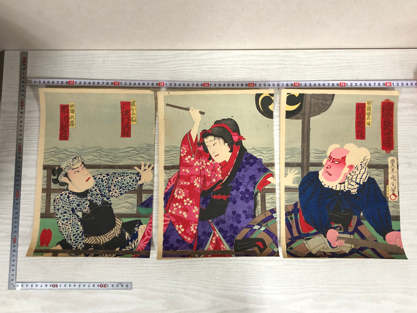 Y3762 WOODBLOCK PRINT Kunichika triptych actor Japan Ukiyoe picture art antique