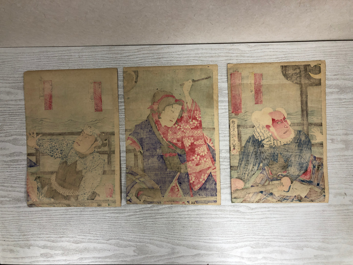 Y3762 WOODBLOCK PRINT Kunichika triptych actor Japan Ukiyoe picture art antique